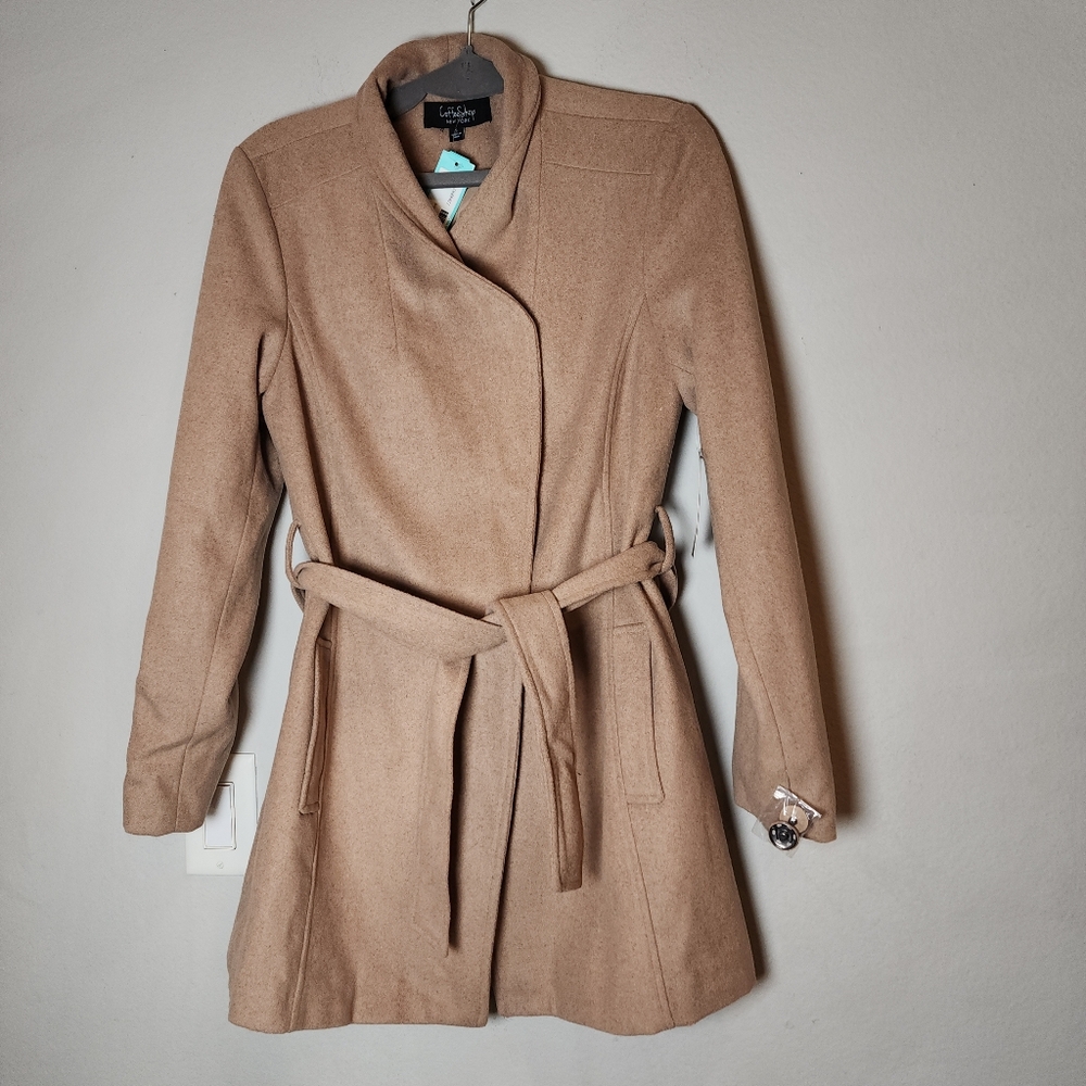 NWT Coffee Shop Wool Blend Tan Beige Belted Coat Stitch Fix Size Small